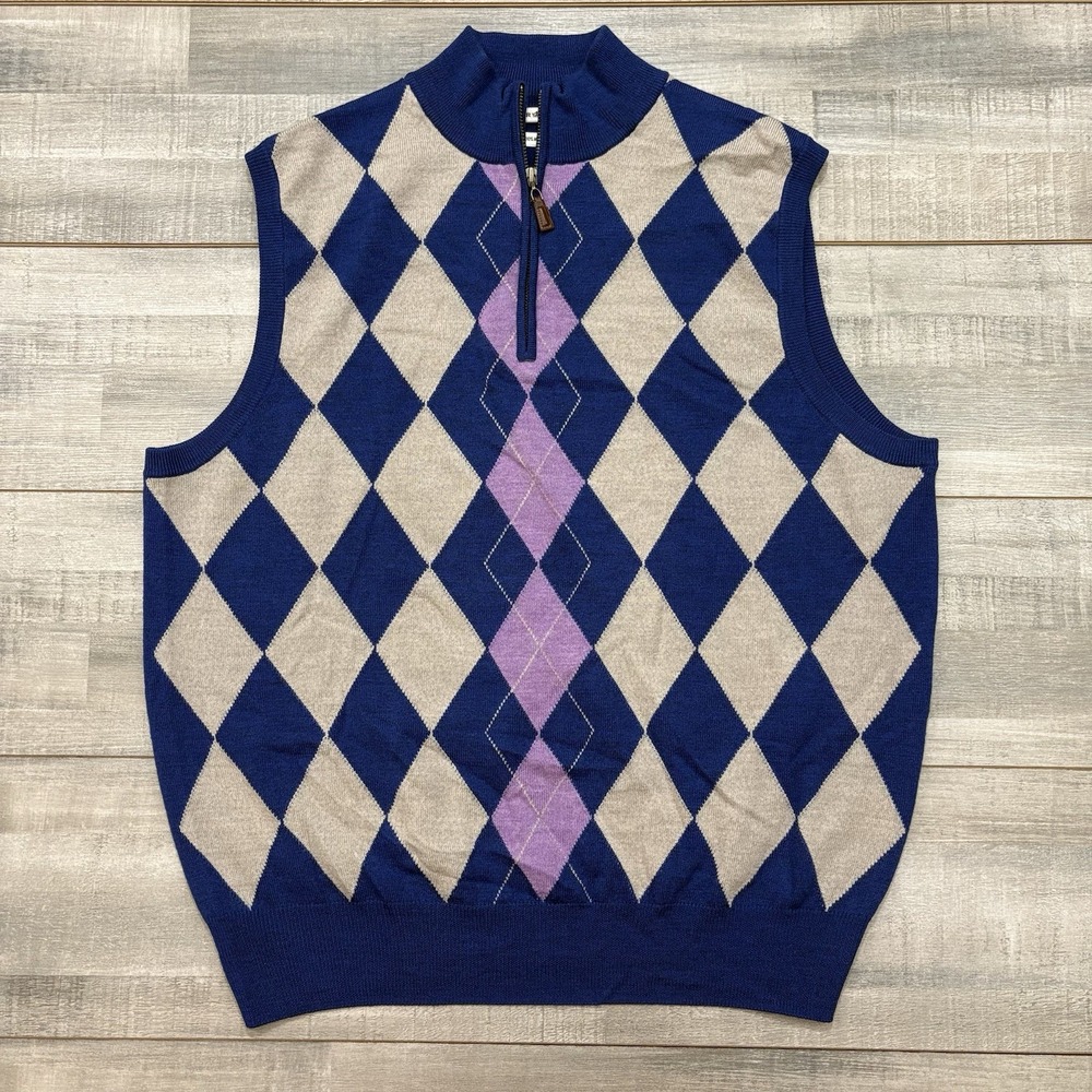 Peter Millar 100% Extra Fine Italian Merino Wool Sweater Vest Men's Large Argyle